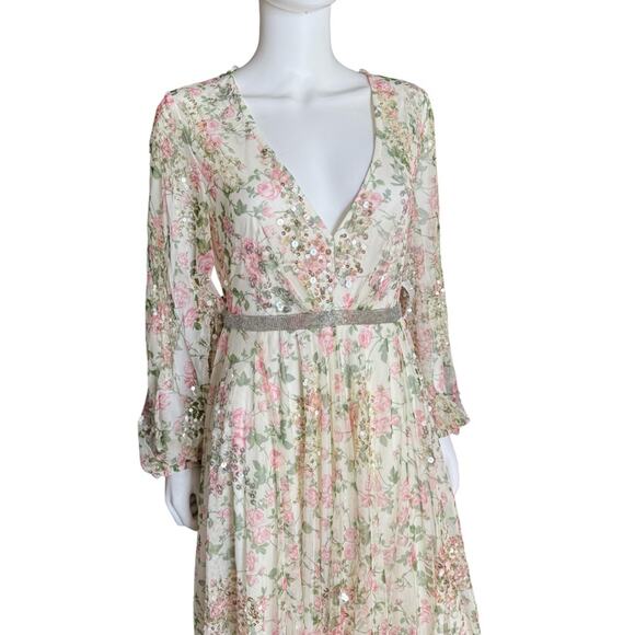 Mac Duggal White Embellished Floral Print Faux Wrap A Line Dress Women’s Sz 8 - Picture 4 of 10